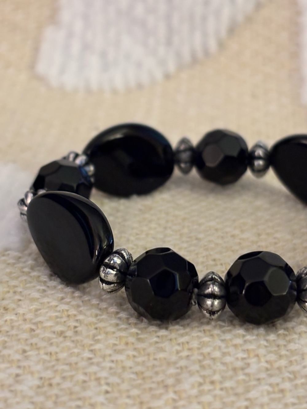 Black Faceted Bead Stretch Bracelet with Silver Accents